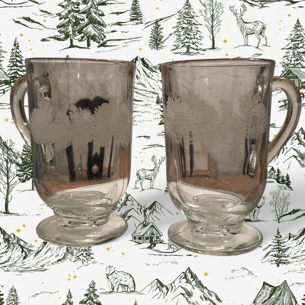 2 Vintage Libbey Footed Irish Coffee Mugs Frosted Pine Cones Gold Rim Glass Set